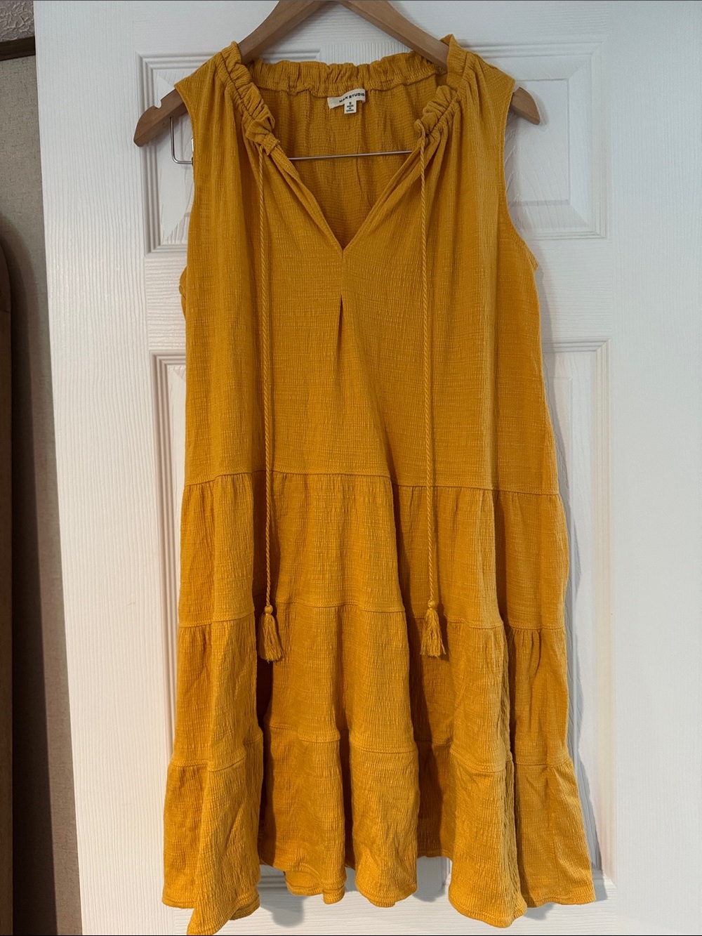 Mustard Tiered Sleeveless Mini Dress with Tassel Tie